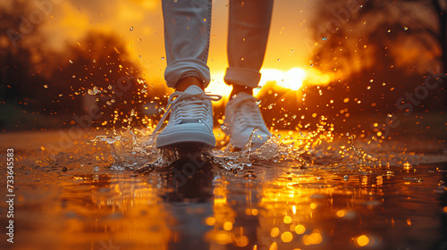 Feet splashing in puddle.