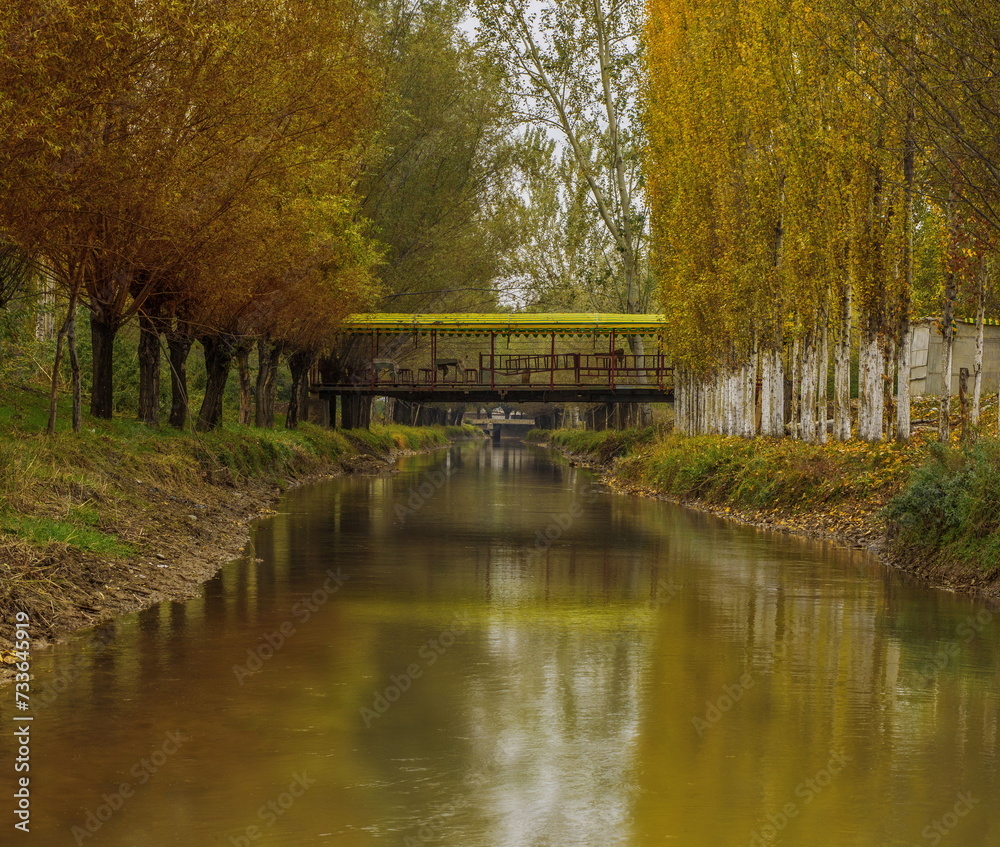 A covered bridge over a picturesque canal lined with dense autumn trees on both sides
