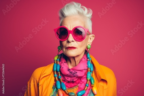 Fashionable senior woman in sunglasses and bright clothes on a pink background. © Iigo