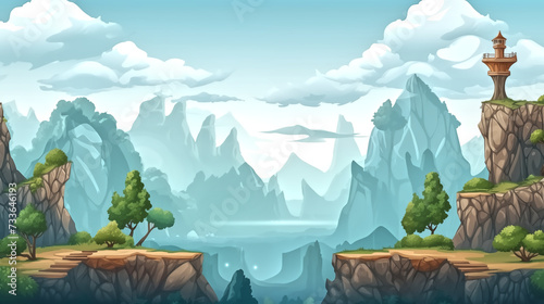 fantasy island game background  mountains  trees and platforms