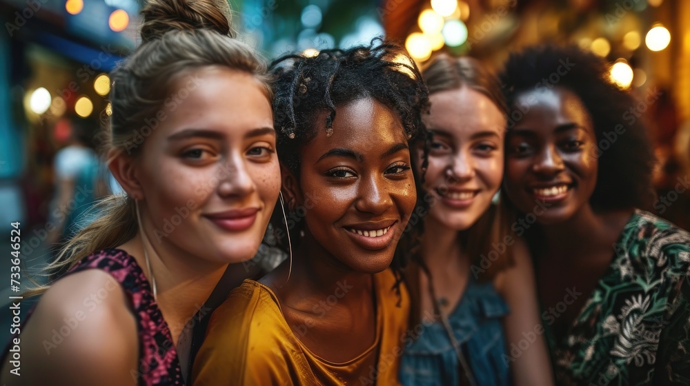 Celebrating Diversity and Togetherness: Women, Friendship, and Cultural Harmony at Sunset, Smiling Faces of Friendship: Women Embracing Diversity and Happiness at Sunlight.