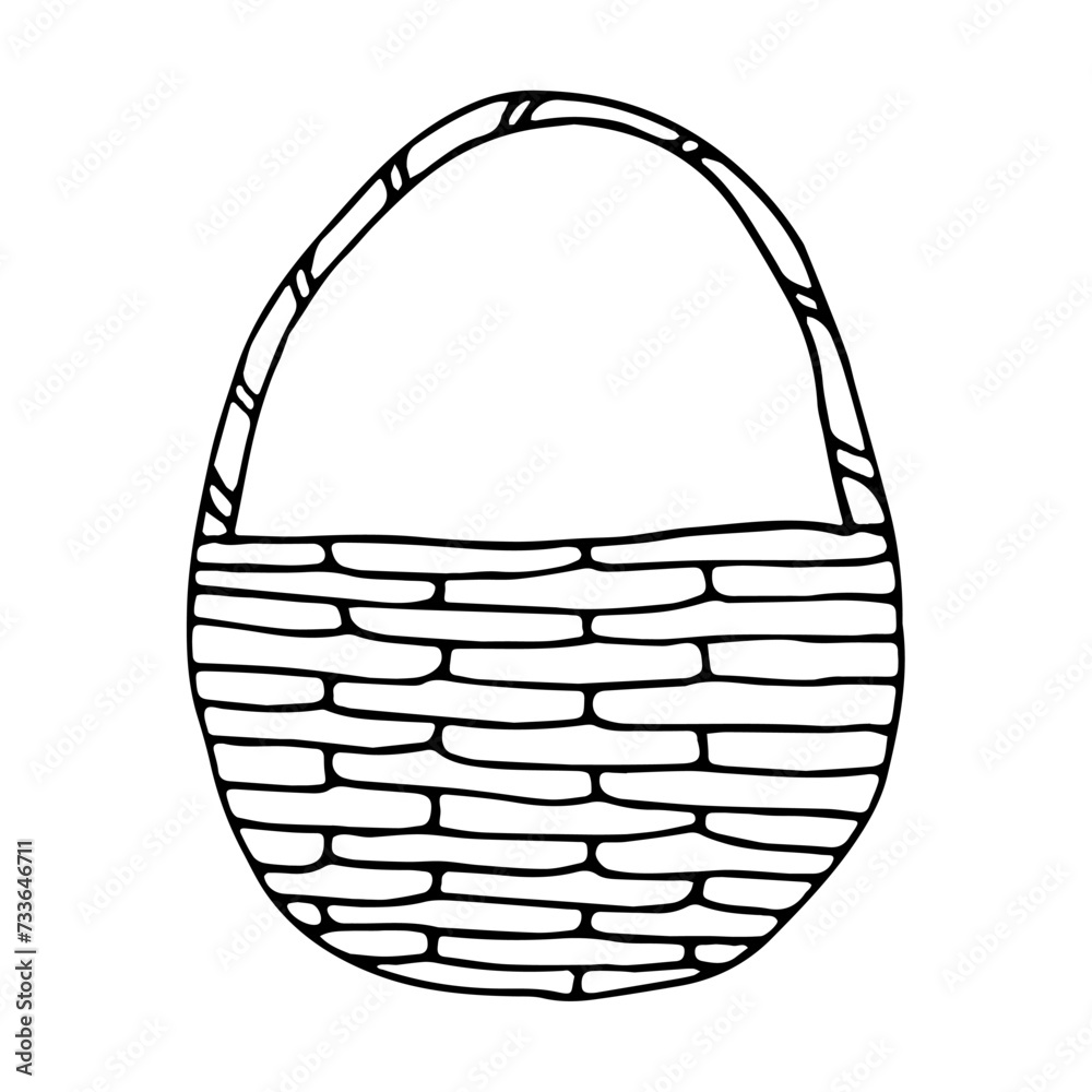 Doodle illustration with wicker basket. Picnic basket, for harvesting. Easter egg basket. Monochrome doodle style elements isolated on white background. Hand drawn sketch. Doodle illustration with wicker basket. Picnic basket, for harvesting. Easter egg basket. Monochrome doodle style elements isolated on white background. Hand drawn sketch.