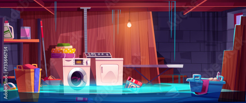 Flooded house basement room with damaged laundry equipment, boxes and hamper with clothes. Cartoon vector illustration of full of leaked water storehouse interior with washing and dryer machine. photo
