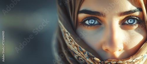 Portrait of a young Arab model in hijab with blue eyes. Traditional clothing. Banner