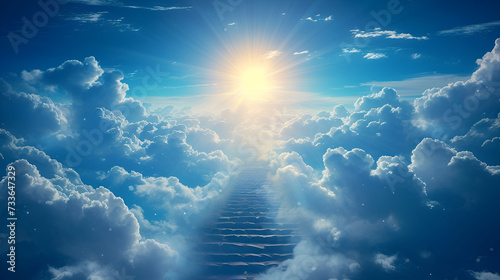 Stairs to heaven visualization Stone stairs going up to the cloudy sky visualization Bright light visible in clouds representing heaven, Generative AI