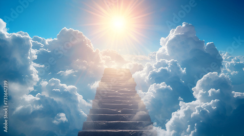 Stairs to heaven visualization Stone stairs going up to the cloudy sky visualization Bright light visible in clouds representing heaven, Generative AI