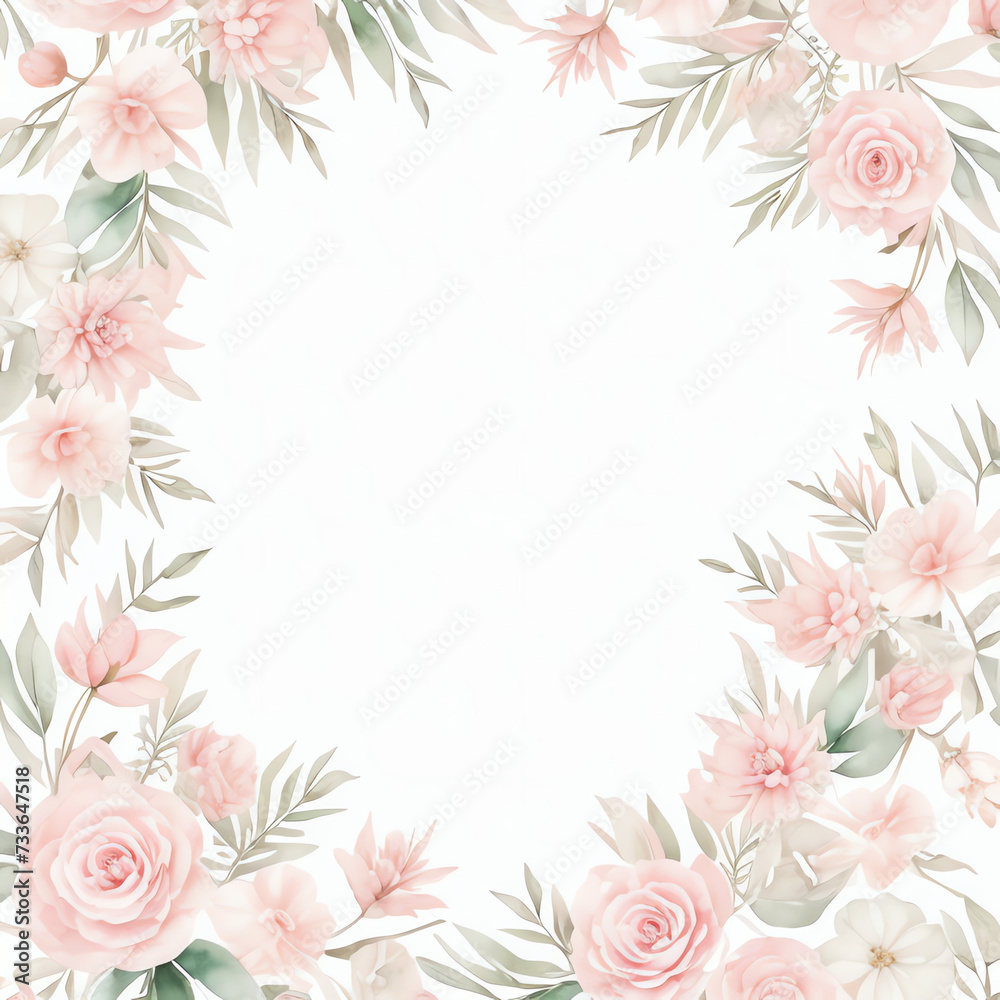 Square Vector watercolor pink flower, plant border white paper background, invitation card