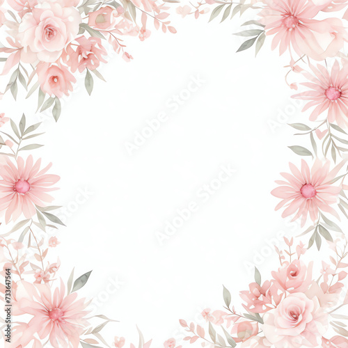 Square Vector watercolor pink flower, plant border white paper background, invitation card