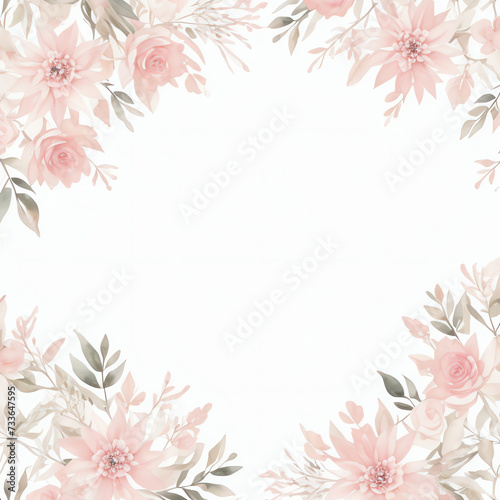 Square Vector watercolor pink flower, plant border white paper background, invitation card