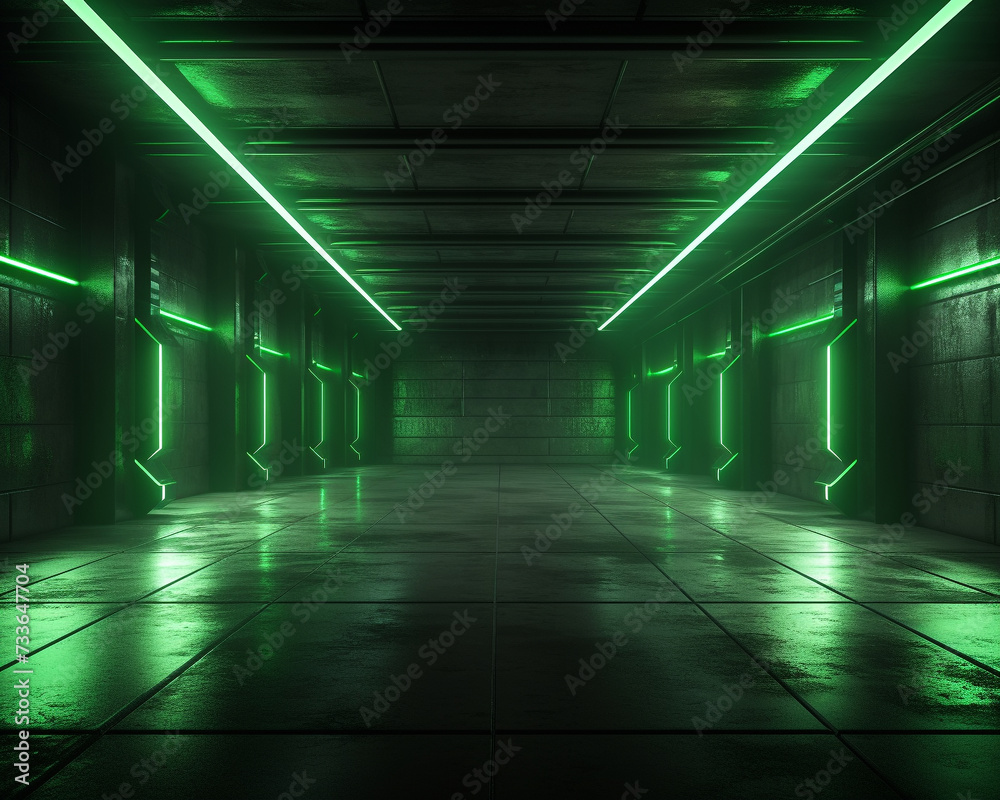 Futuristic neon laser glowing bunker with green lights and concrete walls