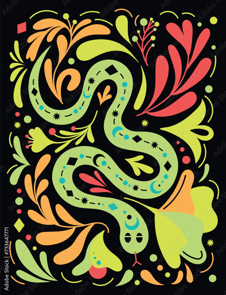 Mystical serpent illustration in hand drawn boho style with floral elements. Fantasy concept mythical creature, esoteric elements. Perfect for tarot cards, posters, t-shirt graphic. Ethnic magic, neon
