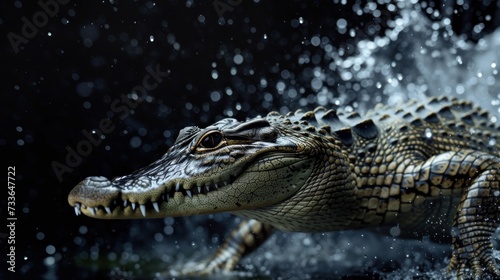 crocodile in black background with water splash