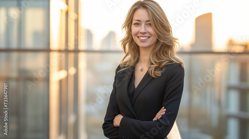 Free Download Successful businesswoman smiling confidently in front of office building - GFXLoad