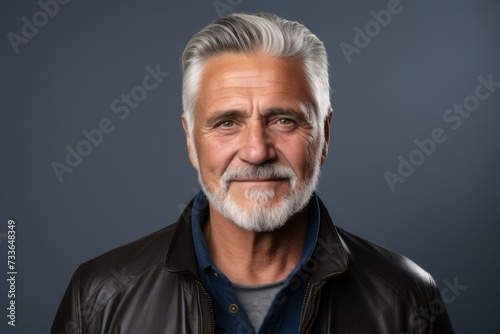 Portrait of a senior man with gray hair and beard wearing a leather jacket. © Iigo