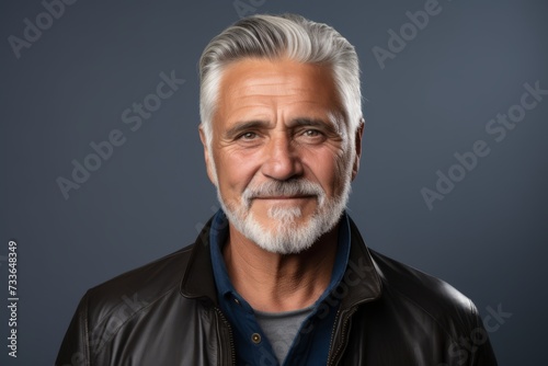 Portrait of a senior man with gray hair and beard wearing a leather jacket.