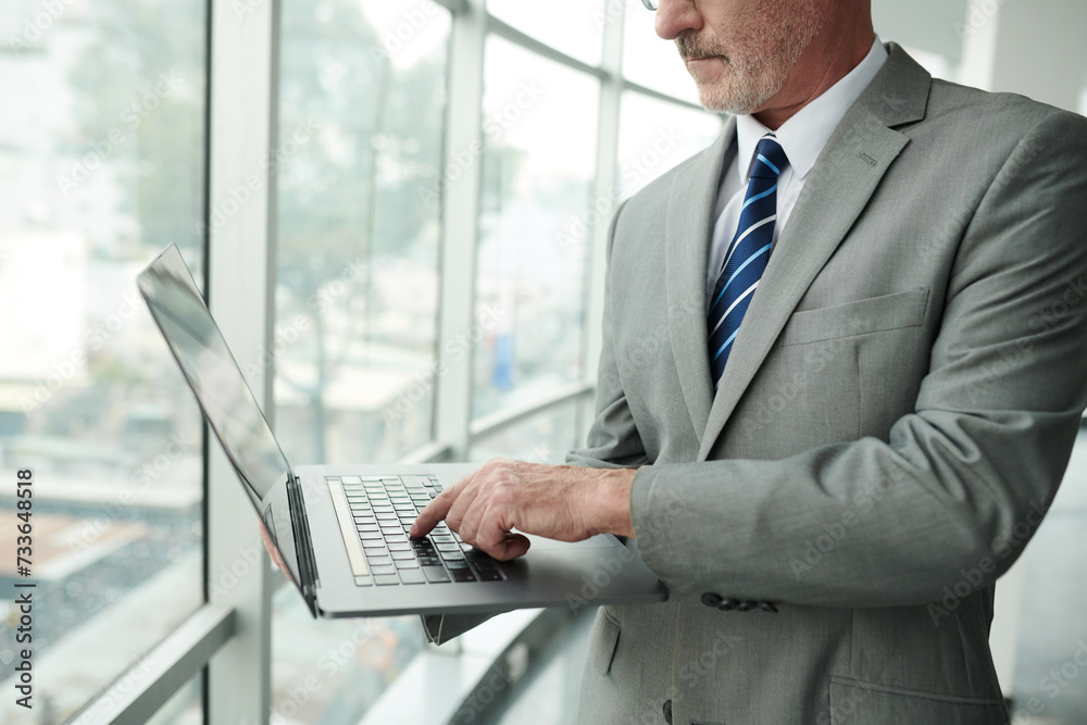 Cropped shot of mature male solopreneur in elegant grey suit pressing key of laptop keyboard while standing by large window in office center Cropped shot of mature male solopreneur in elegant grey suit pressing key of laptop keyboard while standing by large window in office center