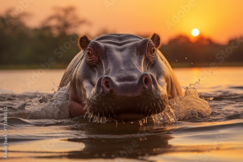 Hippopotamus wading through river with sun setting in safari, african wildlife and nature scenery