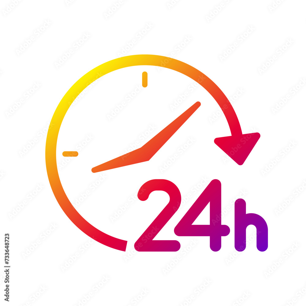 24 hours with clock icon, Opened order execution or delivery, All day business and service sign, Vector illustration 24 hours with clock icon, Opened order execution or delivery, All day business and service sign, Vector illustration
