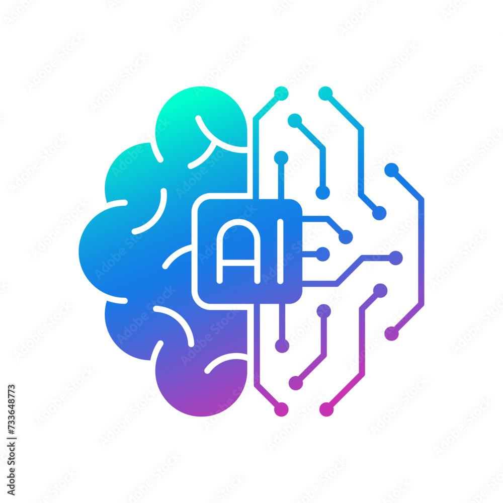 AI brain circuit board icon, Artificial intelligence technological chip, Vector illustration