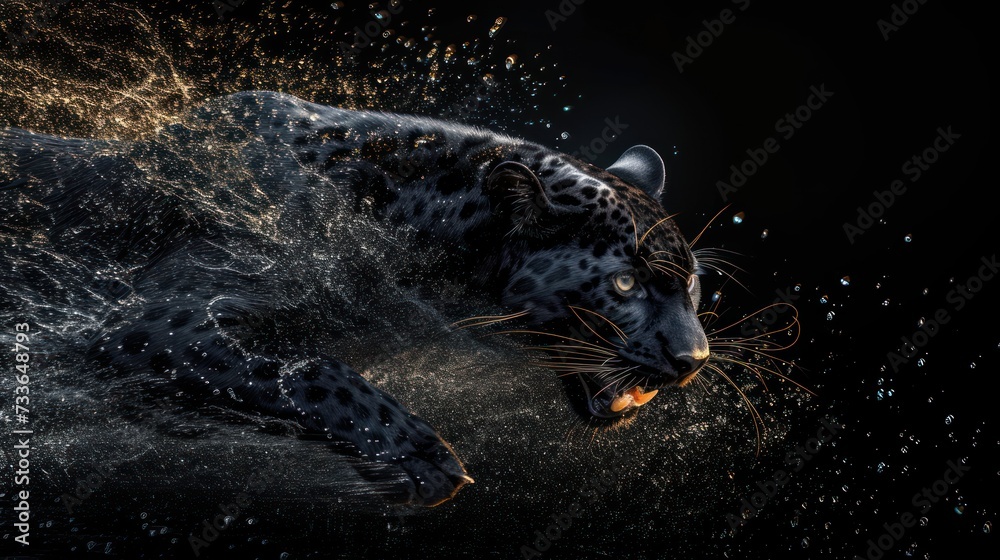 panther in black background with water splash panther in black background with water splash