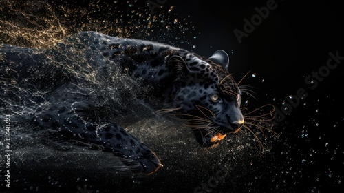 panther in black background with water splash