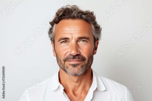 Portrait of a handsome middle-aged man in a white shirt.
