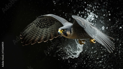 Stunning bird flying amidst water splash on black background