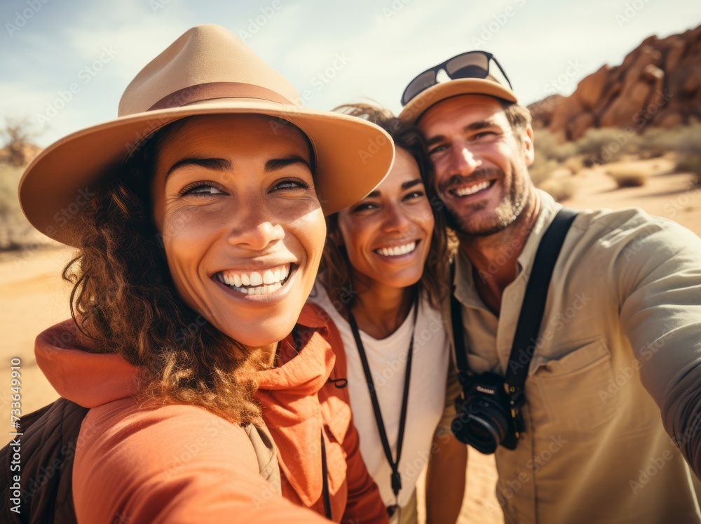 eine Gruppe lächelnder Freunde, die ein Selfie in einer Wüstenlandschaft machen