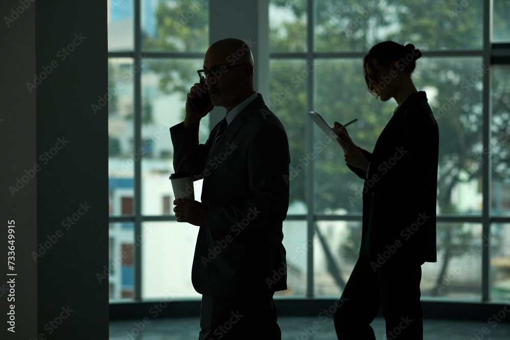 Side view of outlines of two business people standing against large window in office center, speaking on mobile phone and making notes