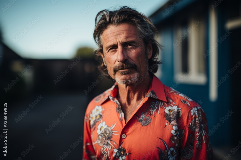 Portrait of a handsome middle-aged man wearing a colorful shirt. Portrait of a handsome middle-aged man wearing a colorful shirt.