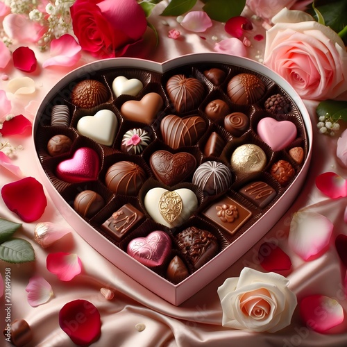 Heart-shaped box of chocolates, roses and petals. © HeriAfrilianto