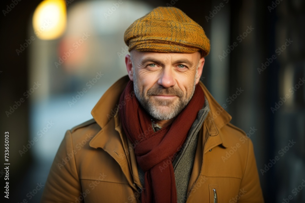 Portrait of a senior man with a beard wearing a brown coat and a brown hat. Portrait of a senior man with a beard wearing a brown coat and a brown hat.