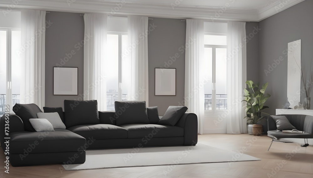 Fototapeta premium Black sofa in modern design living room