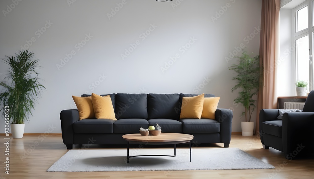 Fototapeta premium Black sofa in modern design living room, yellow cushions, coffee table 