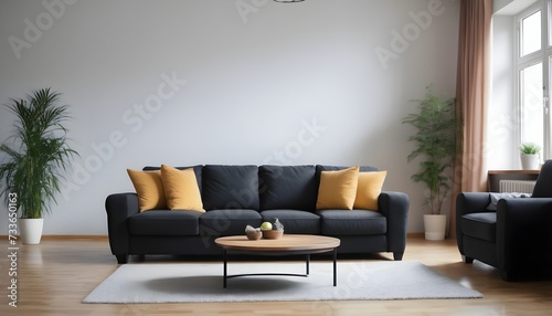 Black sofa in modern design living room, yellow cushions, coffee table  photo