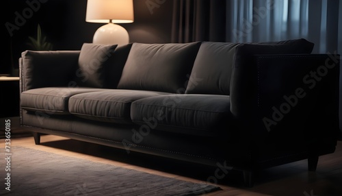 Black sofa in modern design living room, warm light from a lamp on the left