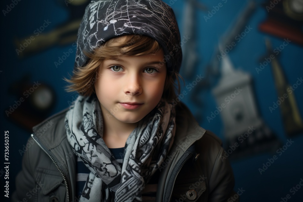 Portrait of a boy in a hat and scarf on a dark background. Portrait of a boy in a hat and scarf on a dark background.