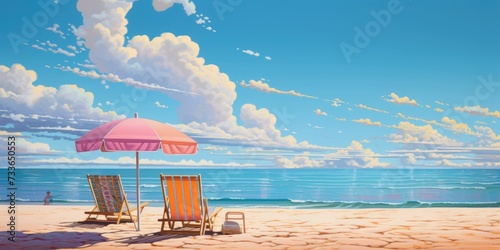 beach beds and sun umbrella on the sandy beach seashore, nobody, copy space