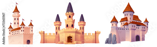 Fairytale medieval castle with towers and flags, windows and gate doors, stone walls. Cartoon vector illustration set of magic royal palace. Collection of ancient kingdom architecture with turret.