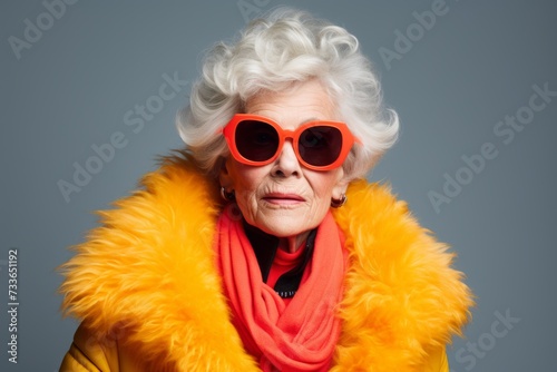 Portrait of a beautiful senior woman in sunglasses and orange scarf.