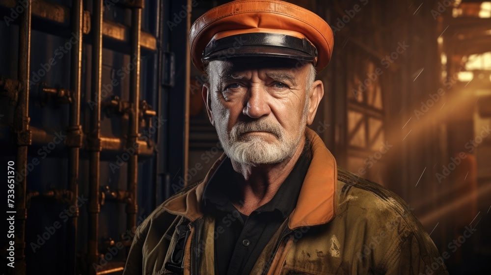 An older man wearing an orange hat and jacket. Generative AI.