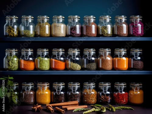 A shelf filled with jars of spices and herbs. Generative AI.