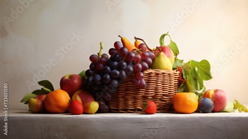 A basket full of fruit on a table. Generative AI.