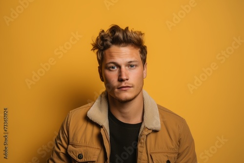 Portrait of a handsome young man in a jacket on a yellow background.