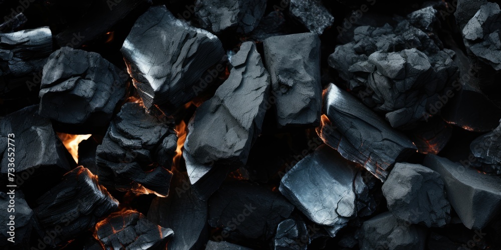 Hot coal pieces background, top view, close up 