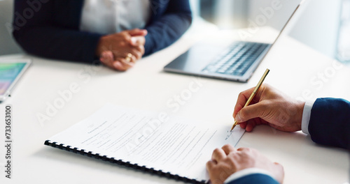 Business hands, legal documents and signature for contract agreement, hiring deal and b2b negotiation. Professional people, lawyers or corporate clients writing of paperwork with terms and conditions photo