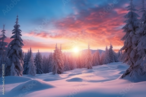 Winter landscape wallpaper with treesn snow and sunset sky © Ovidiu