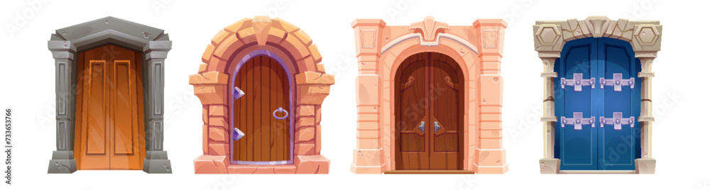 Fototapeta premium Old wooden doors set isolated on white background. Vector cartoon illustration of medieval building element, stone or brick arch doorway with locked gates, iron doorknobs, ancient architecture design
