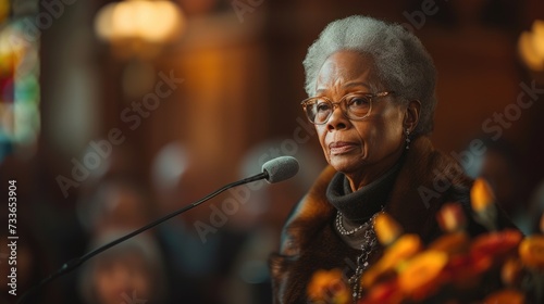 Elder Woman Speaking at Church Funeral Service photo