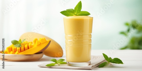 Mango smoothie in a glass with fresh mango and mint on a light background